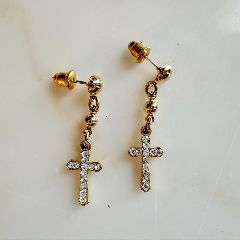 Gold Plated cross drop cz diamond earrings
